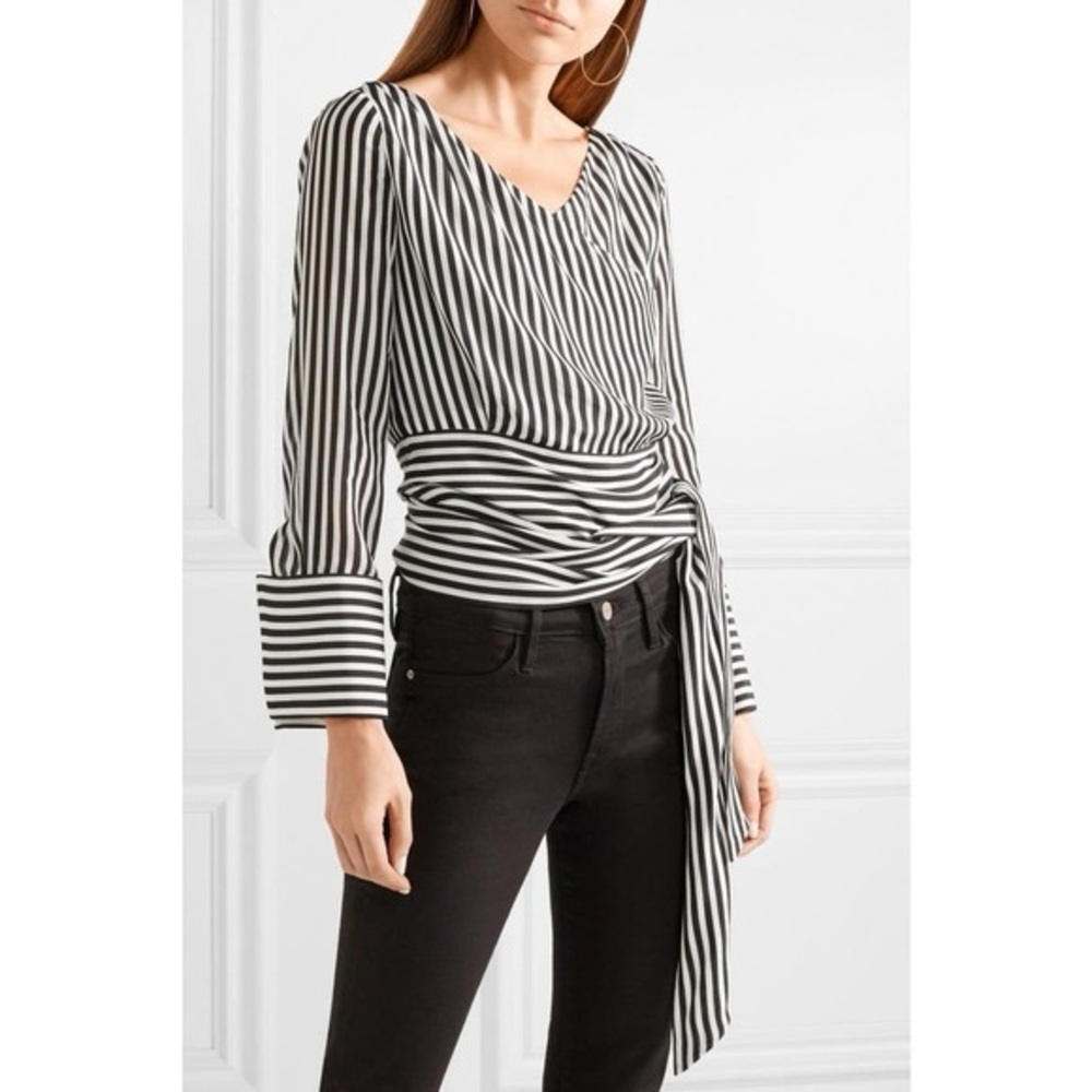Alice + Olivia Alba Black and White Striped Wrap Front Blouse XS NWT cuff sleeve